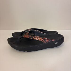 Oofos Black with Orange Floral Flip Flop Comfort Sandal Women's 10